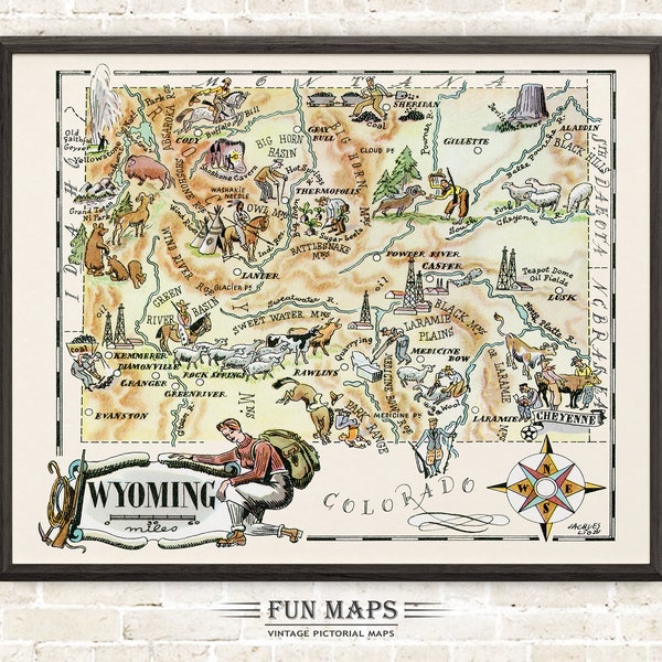 Fun State Map of Wyoming – Vintage Pictorial Whimsical Cartoon Print Illustration from 1940’s by Liozu | Wall Art Décor | Gift | Poster