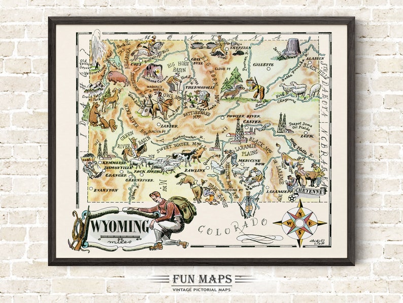 Fun State Map of Wyoming Vintage Pictorial Whimsical Cartoon Print Illustration from 1940s by Liozu Wall Art Décor Gift Poster image 1