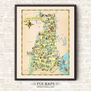 Mapa del estado de New Hampshire, ilustración vintage, dibujo animado, aventura, decoración de pared, póster de regalo.