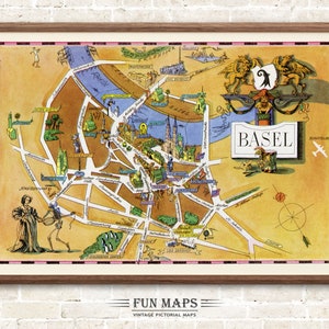 Mapa callejero divertido de Basilea, Suiza: ilustración antigua, con dibujos animados, aventuras, arte de pared, decoración, póster de regalo.
