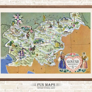 Mapa antiguo de Eslovenia, impresión de caricaturas pictóricas vintage, ilustración, arte de pared, decoración, regalo, póster de viaje, mapa de aventuras europeas
