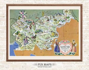Alte Karte von Slowenien Vintage Bildkarte Skurril Cartoon Druck Illustration Wand Kunst Dekor Geschenk Reise Poster Europäische Karte
