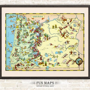 Mapa divertido del estado de Oregón: ilustración vintage con dibujos animados, aventura, decoración de pared, póster de regalo