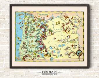 Könnte beinhalten: Gerahmte Vintage-Bildkarte von Oregon mit skurrilen Illustrationen von Sehenswürdigkeiten und Aktivitäten. Die Karte befindet sich in einem schwarzen Rahmen und enthält den Text "FUN MAPS" und "VINTAGE PICTORIAL MAPS".