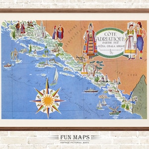 Mapa antiguo del sur de Croacia, impresión de dibujos animados pictóricos vintage, ilustración, arte de pared, decoración, regalo, póster de viaje, mapa de aventuras