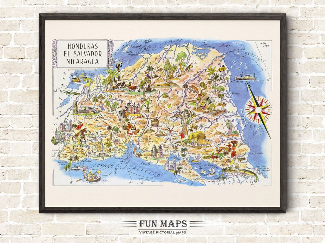 Fun Map of Honduras - El Salvador - Nicaragua Vintage Pictorial