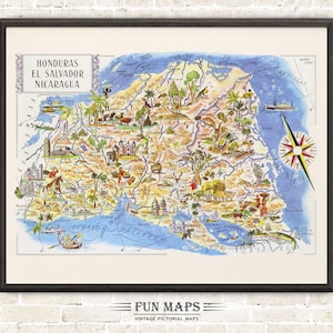 Fun Map of Honduras - El Salvador - Nicaragua Vintage Pictorial Whimsical Print Illustration Adventure Wall Art Décor Gift Poster