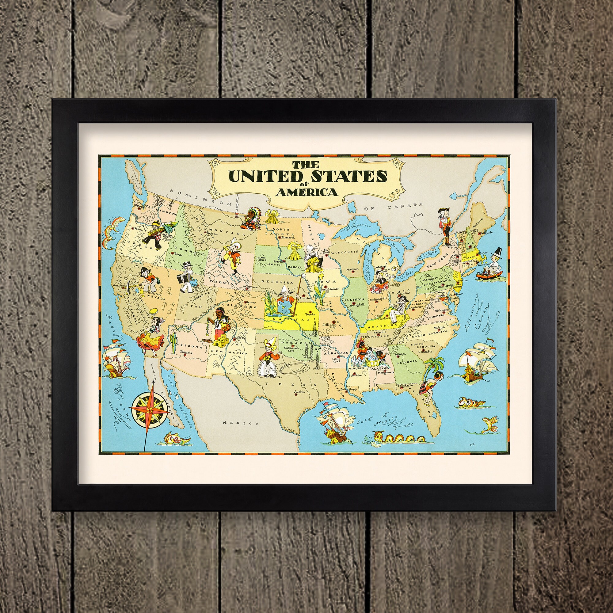 Fun Map of the United States – Vintage Pictorial Whimsical Cartoon