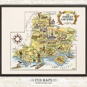 Carte amusante du pays des forêts en Grande-Bretagne, Angleterre, Royaume-Uni, illustration vintage imprimée illustrée Aventure Art mural déco cadeau Poster