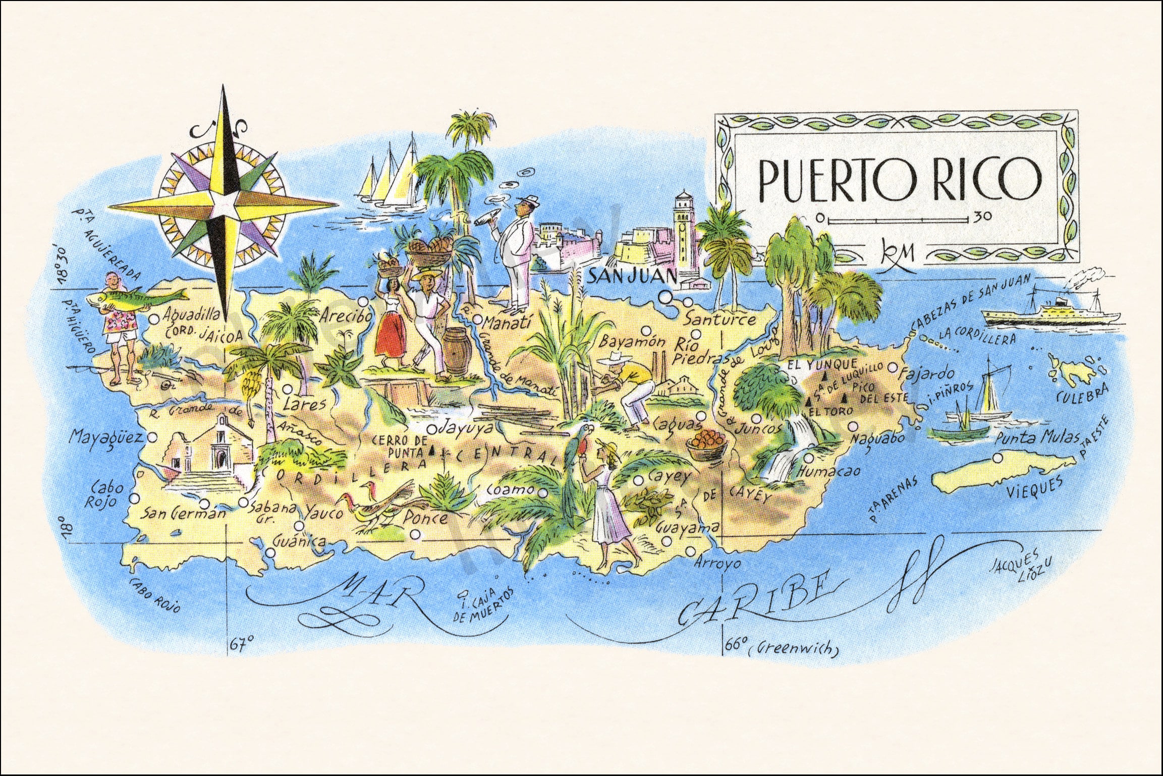 Fun Map of Puerto Rico in the Caribbean – Vintage Pictorial Whimsical ...