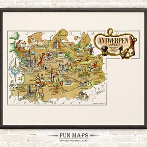 Fun Map of Antwerpen (Anvers) in Belgium – Vintage Pictorial Whimsical Print Illustration | Adventure | Wall Art Décor | Gift