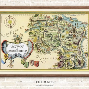 Mapa divertido de Zúrich y Nordschweiz (Suiza): ilustración vintage con dibujos animados, ilustraciones, aventuras, arte de pared, decoración, regalo.