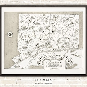Mapa vintage del estado de Connecticut: divertida ilustración pictórica y divertida, ideal para decorar paredes, regalos y pósteres.