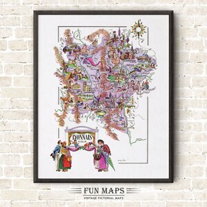 Mapa divertido de Lyonnais, provincia francesa, Francia (FR): Ilustración vintage con dibujos animados, arte mural de aventuras.