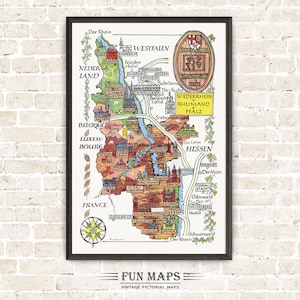 Mapa divertido de Baja Renania-Palatinado en Alemania, Deutschland, DE, Ilustración vintage pictórica y caprichosa, Arte mural de aventuras
