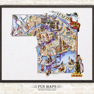 Mapa divertido de Venecia en Italia, dibujo animado antiguo, ilustración, arte mural italiano, póster de viaje, mapa de aventuras