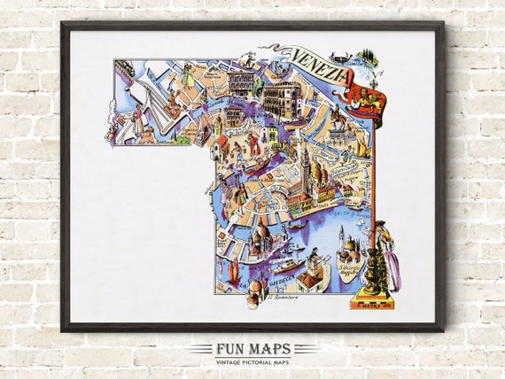 Fun Map of Venice in Italy Vintage Pictorial Whimsical Cartoon Old