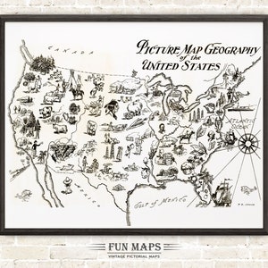 Mapa vintage de Estados Unidos (EE. UU.): Ilustración divertida, pictórica y divertida, para decorar paredes, regalos y pósteres.