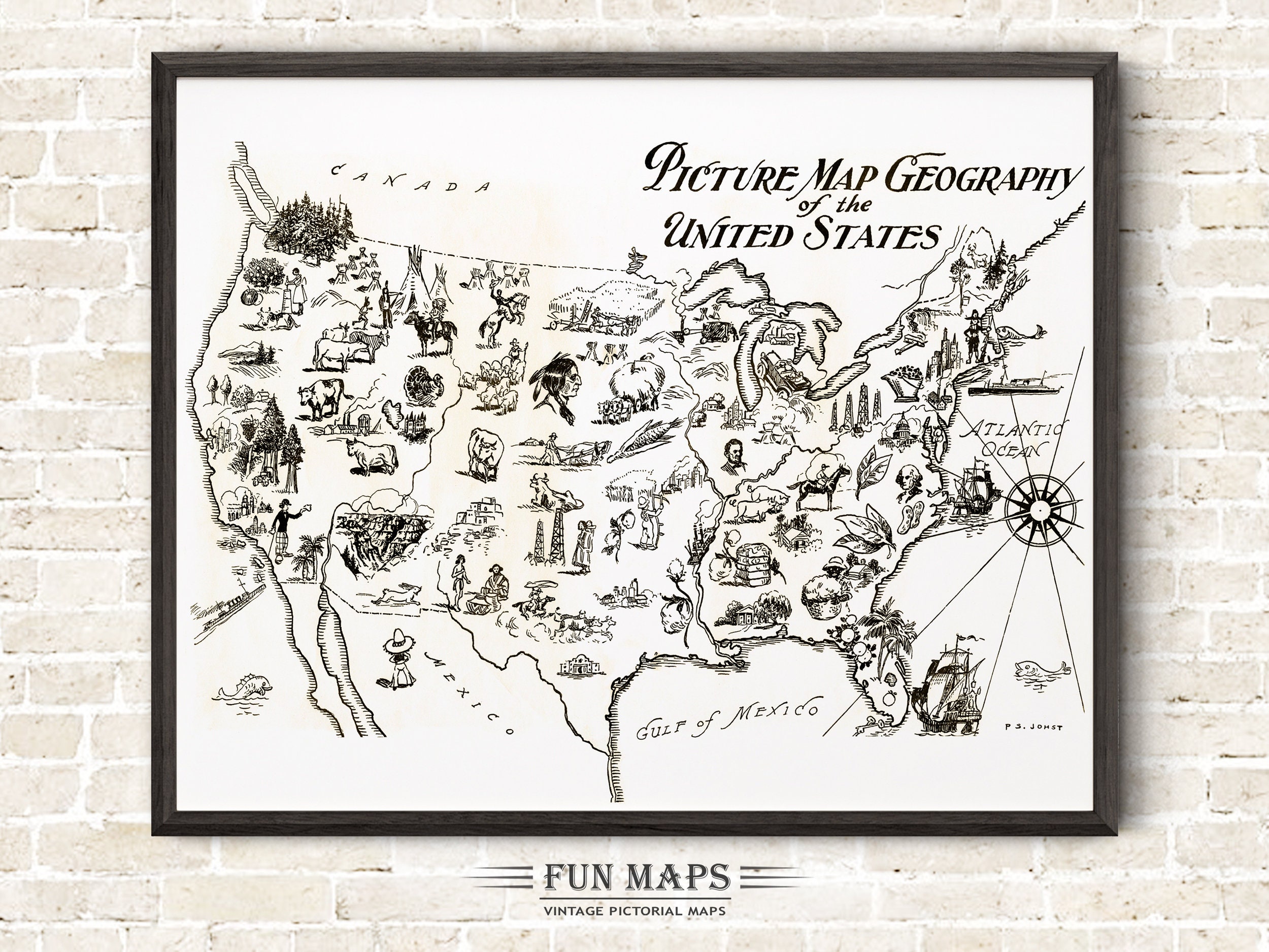 Vintage Map of United States, USA – Fun Pictorial Whimsical