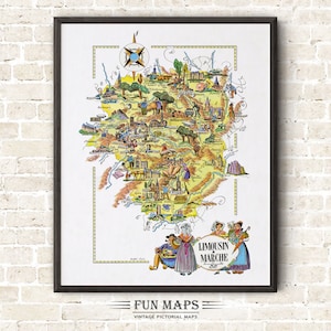 Zabawna mapa prowincji Limousin i Marche, Francja, FR - Vintage Pictorial Whimsical Cartoon Print Illustration Adventure