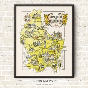 Carte amusante du Grand-Duche de Luxembourg au Luxembourg Illustration vintage pictural fantaisiste impression impression | Aventure | Cadeau déco art mural