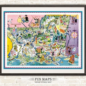 Vintage State Map of Louisiana & Mississippi  Pictorial Whimsical Print Illustration Adventure Colorful Wall Art Décor Gift