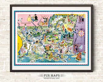 May include: A framed vintage pictorial map of the southern United States, featuring illustrations of landmarks and cultural elements. The map includes states like Texas, Arkansas, and Alabama, with the Gulf of Mexico at the bottom. The frame is dark, and the map has a teal border.