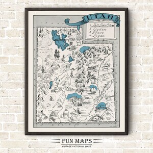 Mapa divertido de Utah: Ilustración vintage con dibujos animados de Johst, decoración de pared, póster de regalo