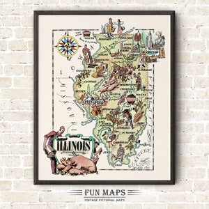 Mapa divertido del estado de Illinois: ilustración vintage con dibujos animados, aventura, decoración de pared, regalo y póster.