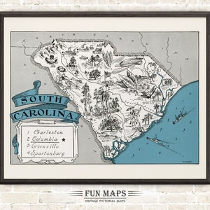 Mapa divertido de Carolina del Sur: Ilustración vintage con dibujos animados de Johst, decoración de pared, póster de regalo