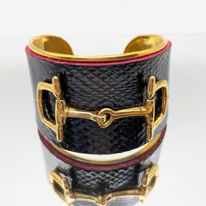 Equestrian Luxury Black Snakeskin Cuff Bracelet: Brass Horse Bit, Red Cowhide Accent