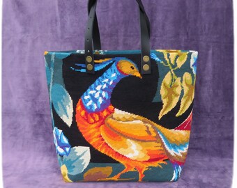Tapestry Purse, Seventies Canvas Handbag, the Bird of the Woods, Colored Pheasant