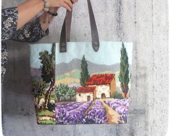 Tapestry Handbag with Vintage Needlepoint, Provence Landscape, Lavender Fields, Romanesque Chapel