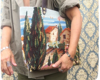 Tapestry Handbag with Vintage Needlepoint, Provence, Mediterranean Sea, Provence Landscape