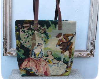 French Tapestry Purse, Canvas Handbag, French Gallant Scene, Serenade
