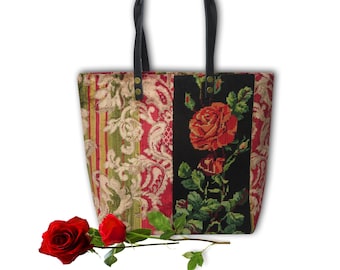 Tapestry Bag, Canvas Handbag Floral, Red Upholstery, Genoese Velvet