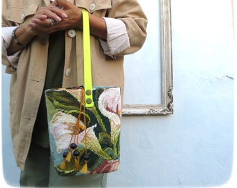 Floral Bucket Bag, Tapestry Pouch with Leather Strap, White Arum Lily