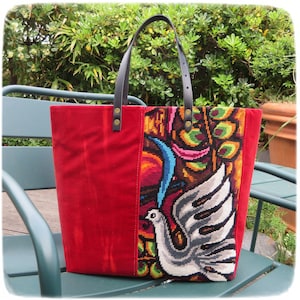 Tapestry Handbag, Vintage Needlepoint, Red Tie and Dye Velvet, Dove of Peace image 3
