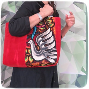 Tapestry Handbag, Vintage Needlepoint, Red Tie and Dye Velvet, Dove of Peace image 2
