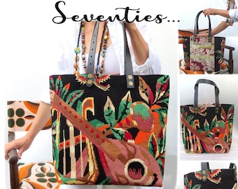Bag with 70's design, Tapestry vintage, Velvet, Mandolin or Guitar, Needlepoint