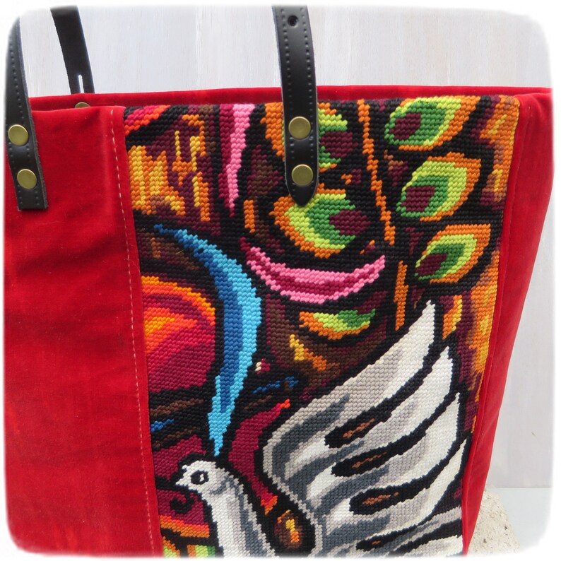 Tapestry Handbag, Vintage Needlepoint, Red Tie and Dye Velvet, Dove of Peace image 7