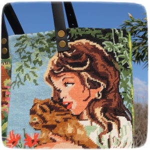 French Tapestry Bag, Canvas Handbag, Puppy or Kitten, Hugs for Her, Little Girl image 8