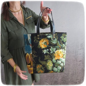 Tapestry Handbag with Vintage Needlepoint, Yellow Peonies, Wild flowers in Copper Vase image 4