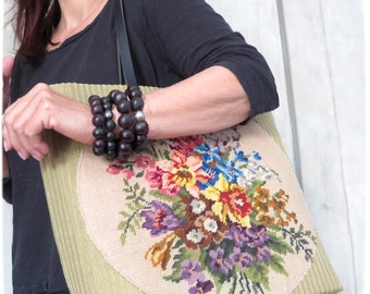Tapestry Purse, Canvas Handbag Butterflies, Floral Patch, Upholstery Velvet, Daffodils Bunch