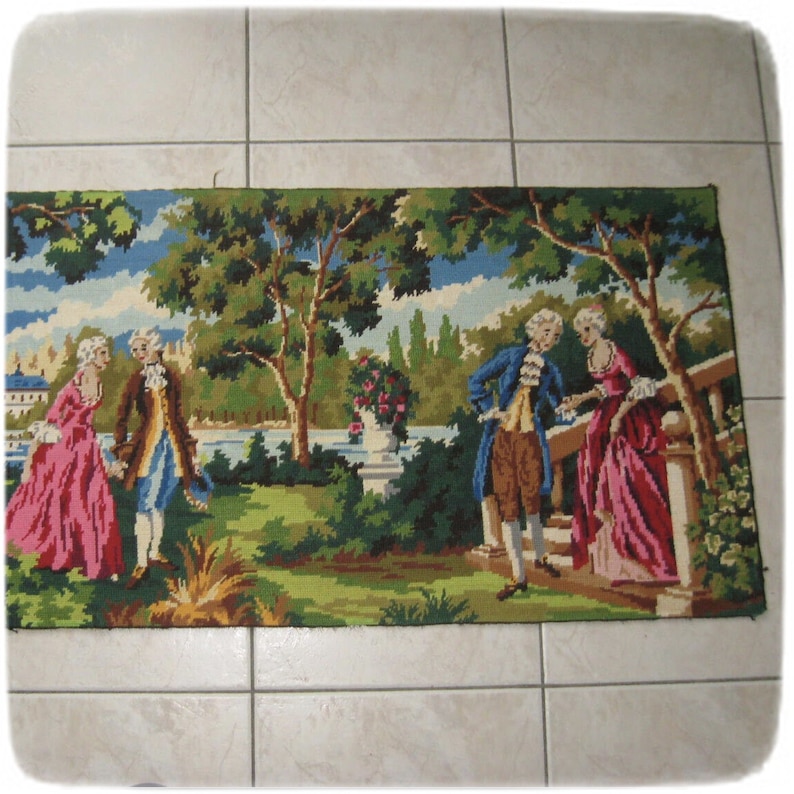 French Tapestry Purse, Canvas Handbag, French Gallant Scene, Two Romantic Couples in Royal Garden image 8