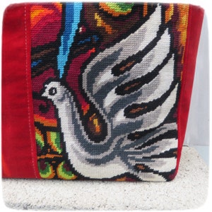 Tapestry Handbag, Vintage Needlepoint, Red Tie and Dye Velvet, Dove of Peace image 4