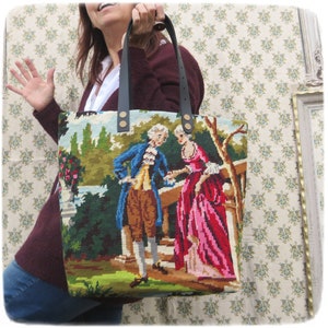 French Tapestry Purse, Canvas Handbag, French Gallant Scene, Two Romantic Couples in Royal Garden image 4