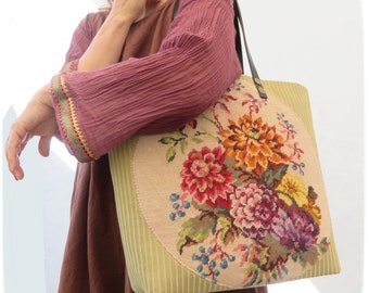 Tapestry Purse, Canvas Handbag Butterflies, Floral Patch, Upholstery Velvet, Colored Dahlias