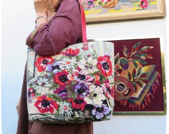 Needlepoint Shopping Bag, Tapestry Purse, Pink Windflowers, Red Poppies, White Daisies, Wild Flowers in vase