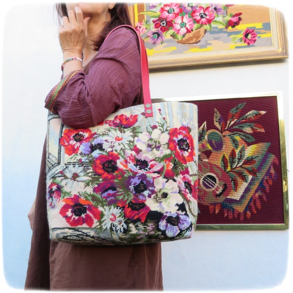 Sac en Canevas, Cabas en Tapisserie Vintage, Anémones à la Fenêtre, Bouquet de Coquelicots et Marguerites